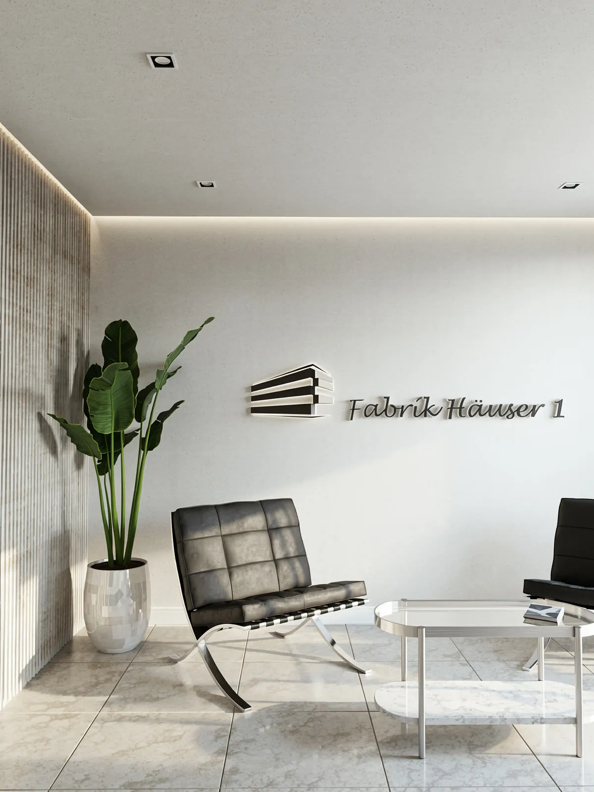 Hall de acceso con pared de acento y sillones