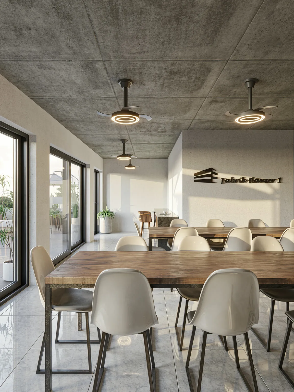 Salón de usos múltiples con mesas largas y techo de hormigón