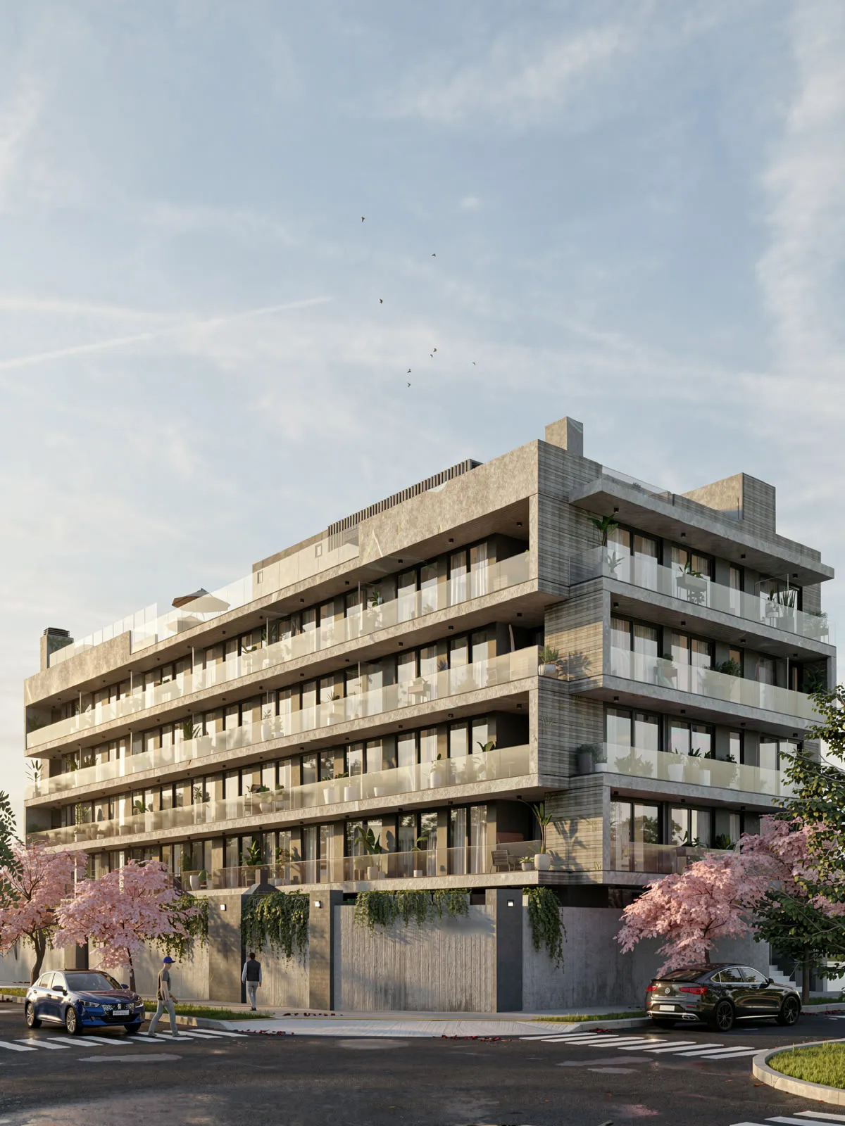 Render del edificio Fabrik Häuser 1 visto desde la esquina, con balcones corridos y lapachos en flor