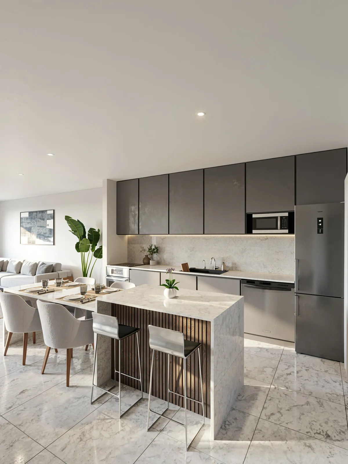 Cocina integrada con isla y banquetas