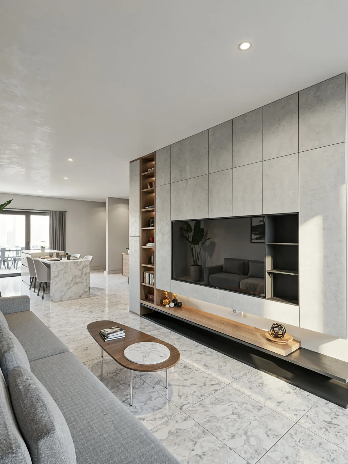 Living con mueble de guardado y TV