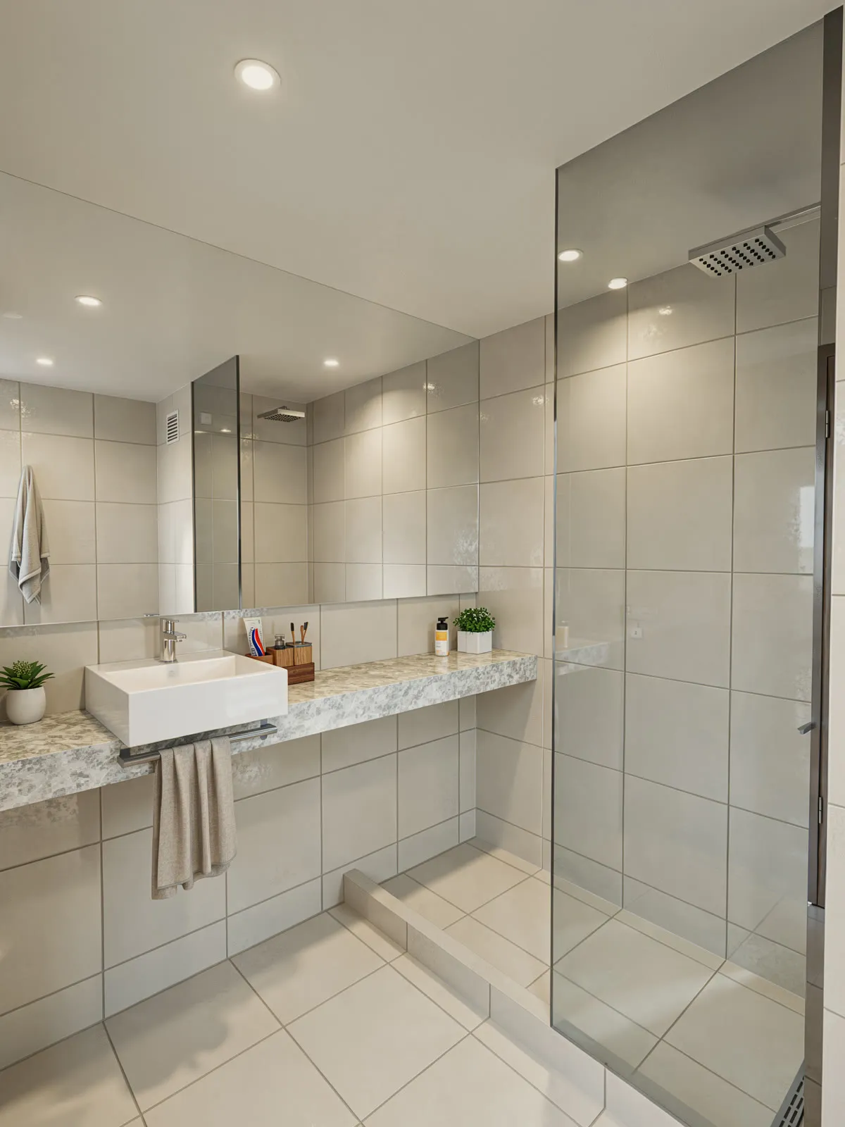 Baño con ducha de vidrio y bacha de apoyo