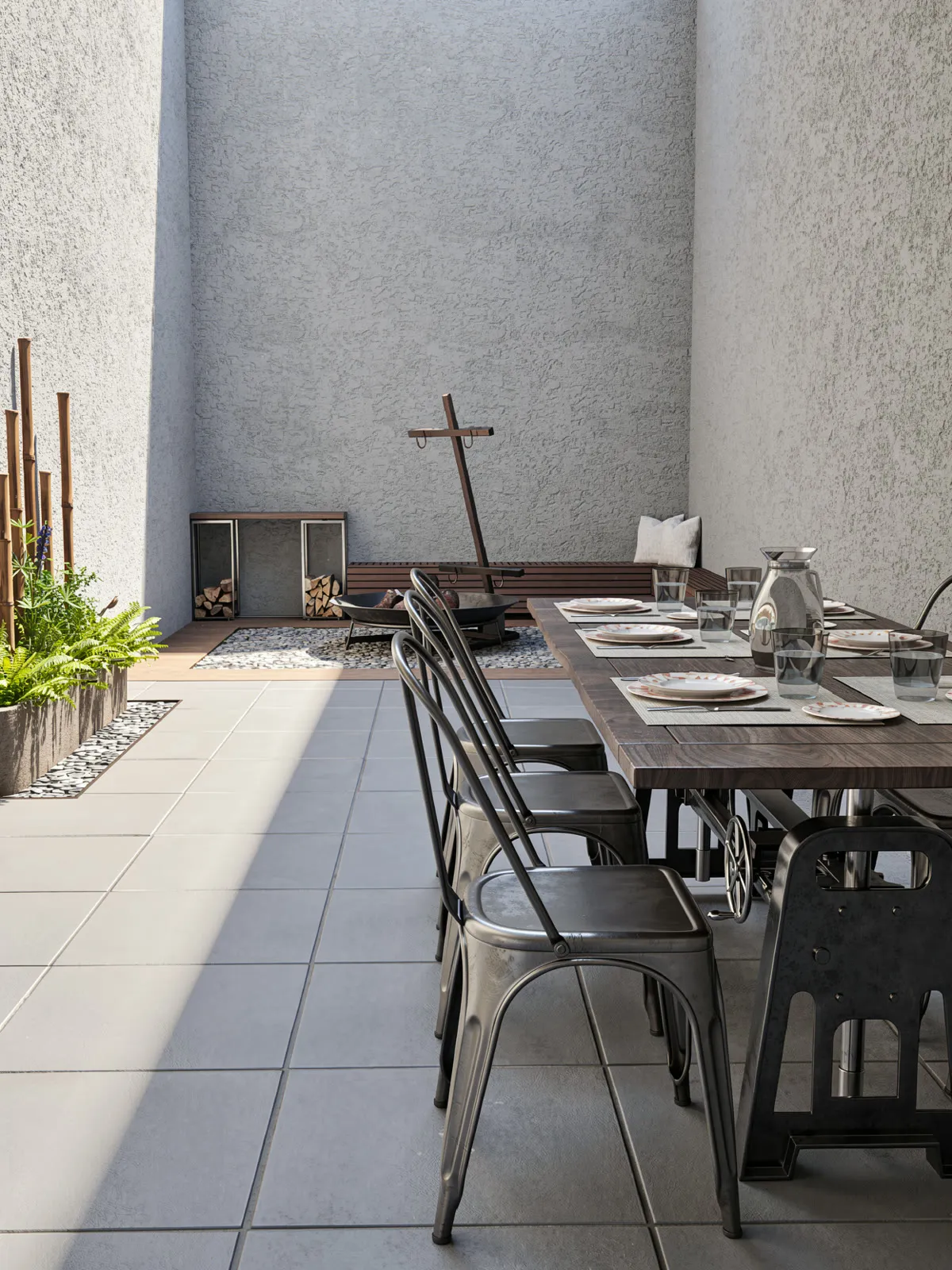 Patio con mesa exterior y plantas